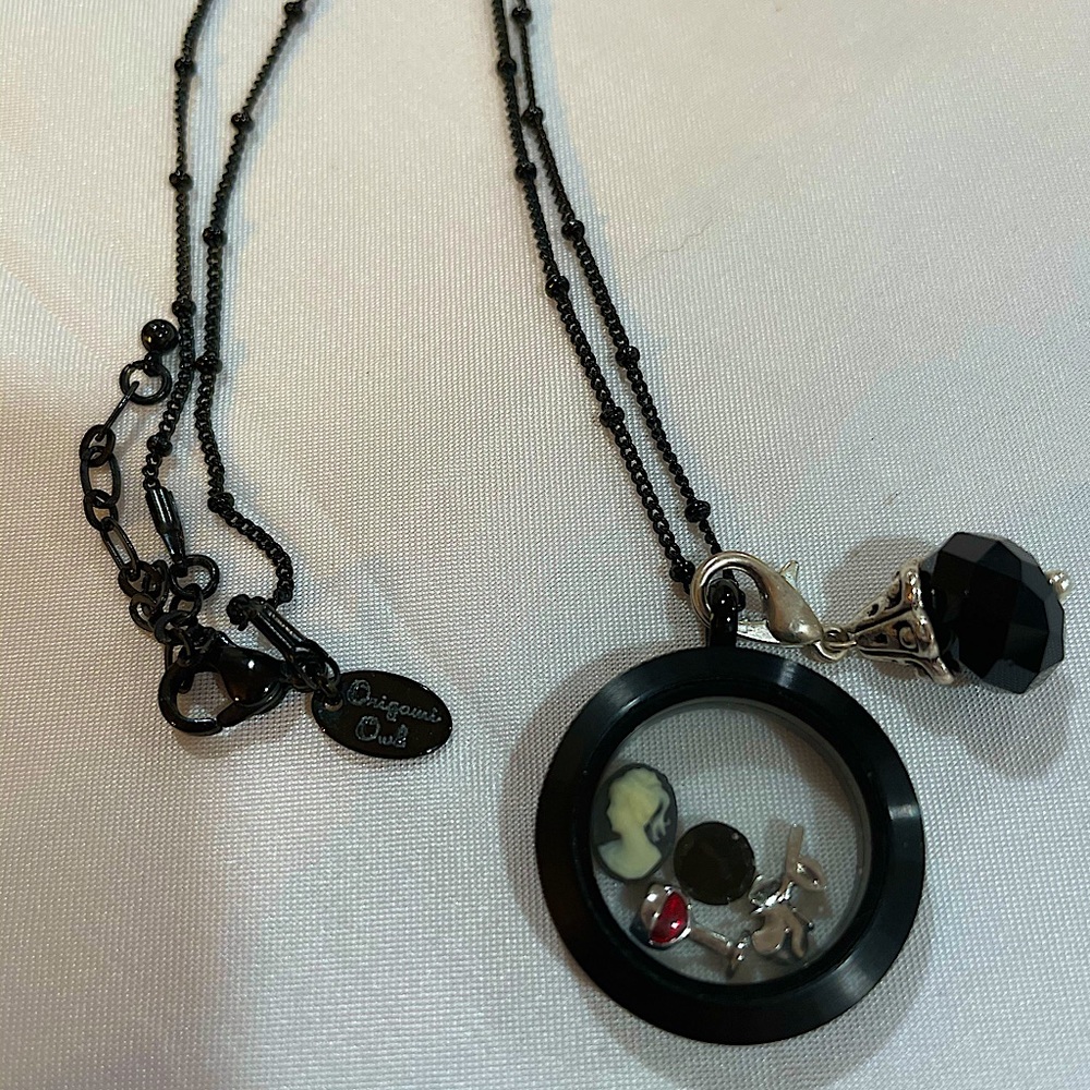 Origami Owl black necklace with locket & charms